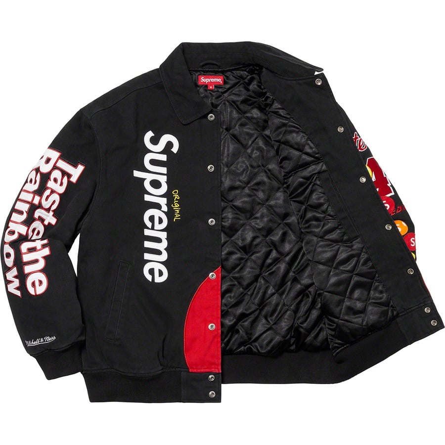 Details on Supreme Skittles <wbr>Mitchell & Ness Varsity Jacket Black from fall winter
                                                    2021 (Price is $368)