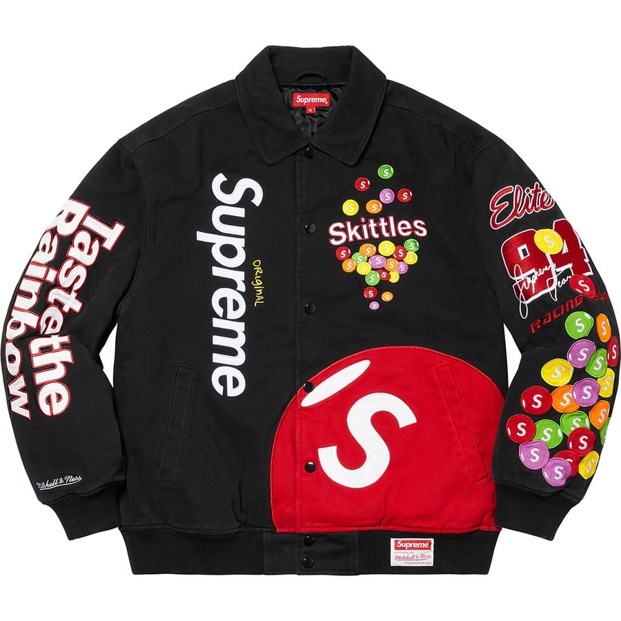 Details on Supreme Skittles <wbr>Mitchell & Ness Varsity Jacket Black from fall winter
                                                    2021 (Price is $368)