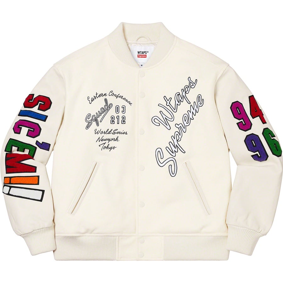 Details on Supreme WTAPS Varsity Jacket White from fall winter
                                                    2021 (Price is $568)