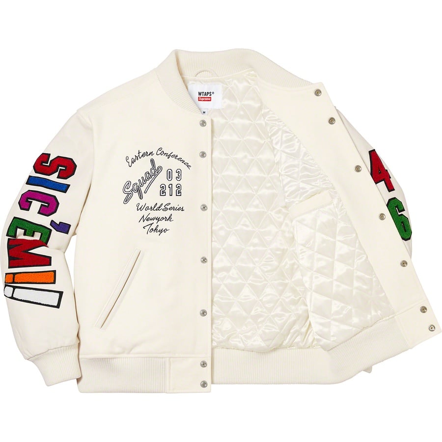 Details on Supreme WTAPS Varsity Jacket White from fall winter
                                                    2021 (Price is $568)