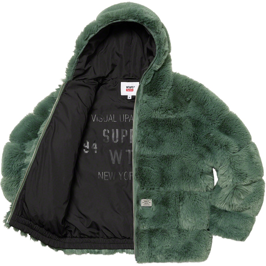 Details on Supreme WTAPS Faux Fur Hooded Jacket Green from fall winter 2021 (Price is $448)