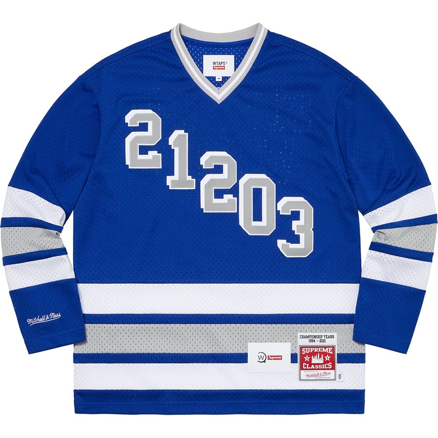 Details on Supreme WTAPS Mitchell & Ness Hockey Jersey Blue from fall winter
                                                    2021 (Price is $148)
