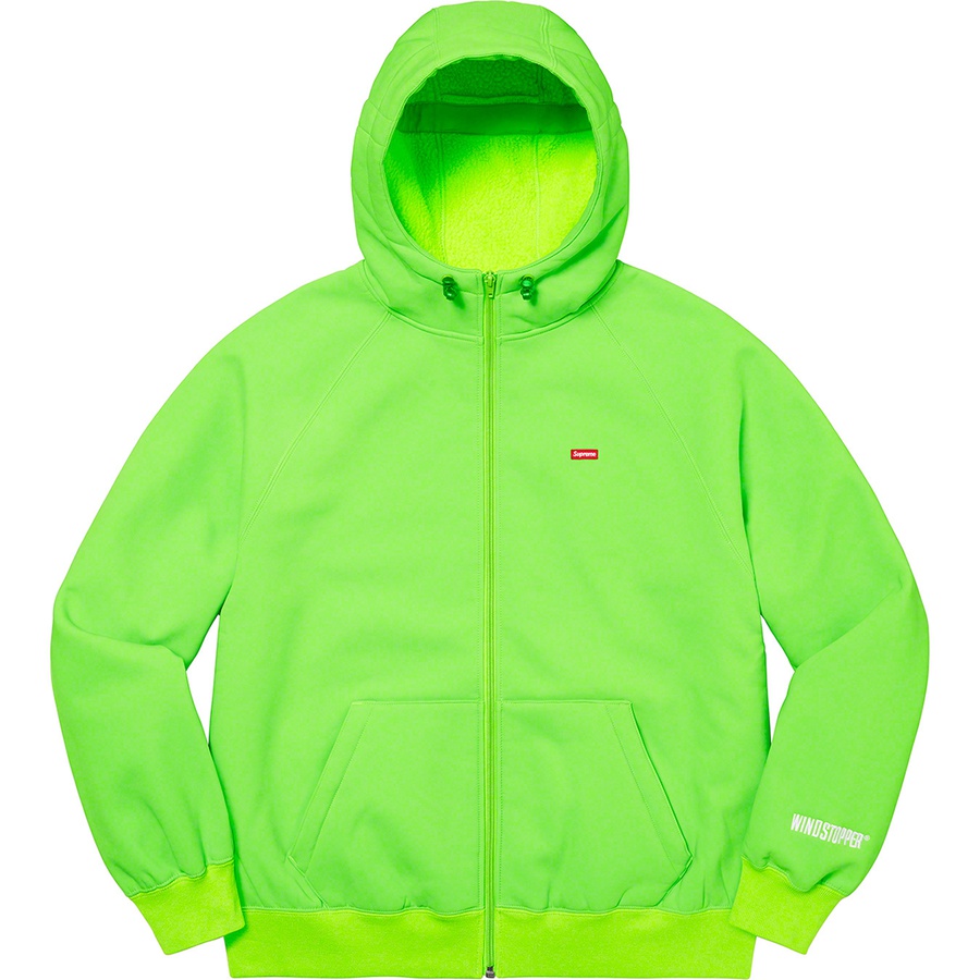Details on WINDSTOPPER Zip Up Hooded Sweatshirt Bright Green from fall winter 2021 (Price is $198)