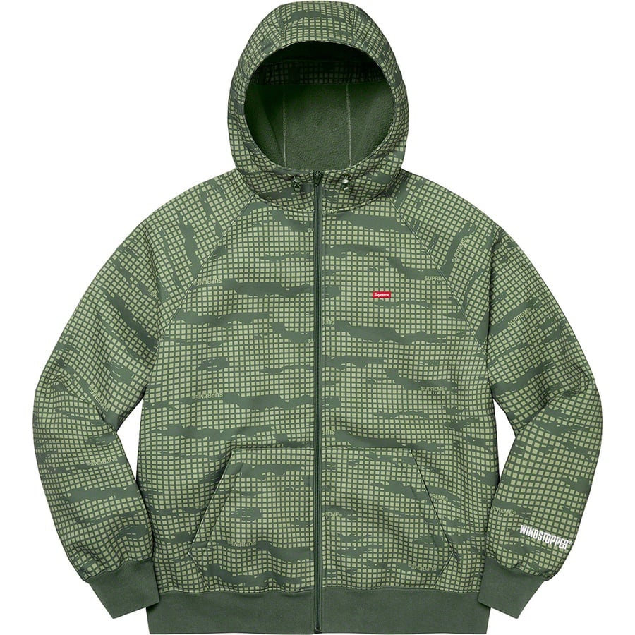 Details on WINDSTOPPER Zip Up Hooded Sweatshirt Olive Grid Camo from fall winter 2021 (Price is $198)