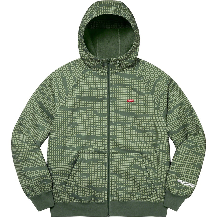 Details on WINDSTOPPER Zip Up Hooded Sweatshirt Olive Grid Camo from fall winter
                                                    2021 (Price is $198)