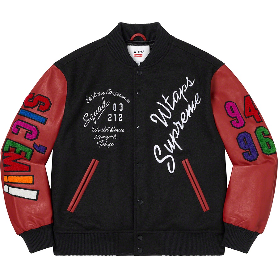 Details on Supreme WTAPS Varsity Jacket Black from fall winter 2021 (Price is $568)