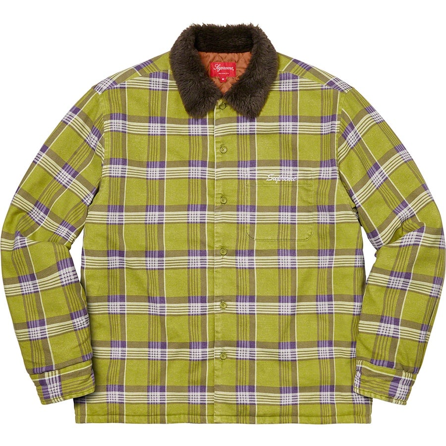 Details on Faux Fur Collar Flannel Shirt Bright Olive from fall winter
                                                    2021 (Price is $148)