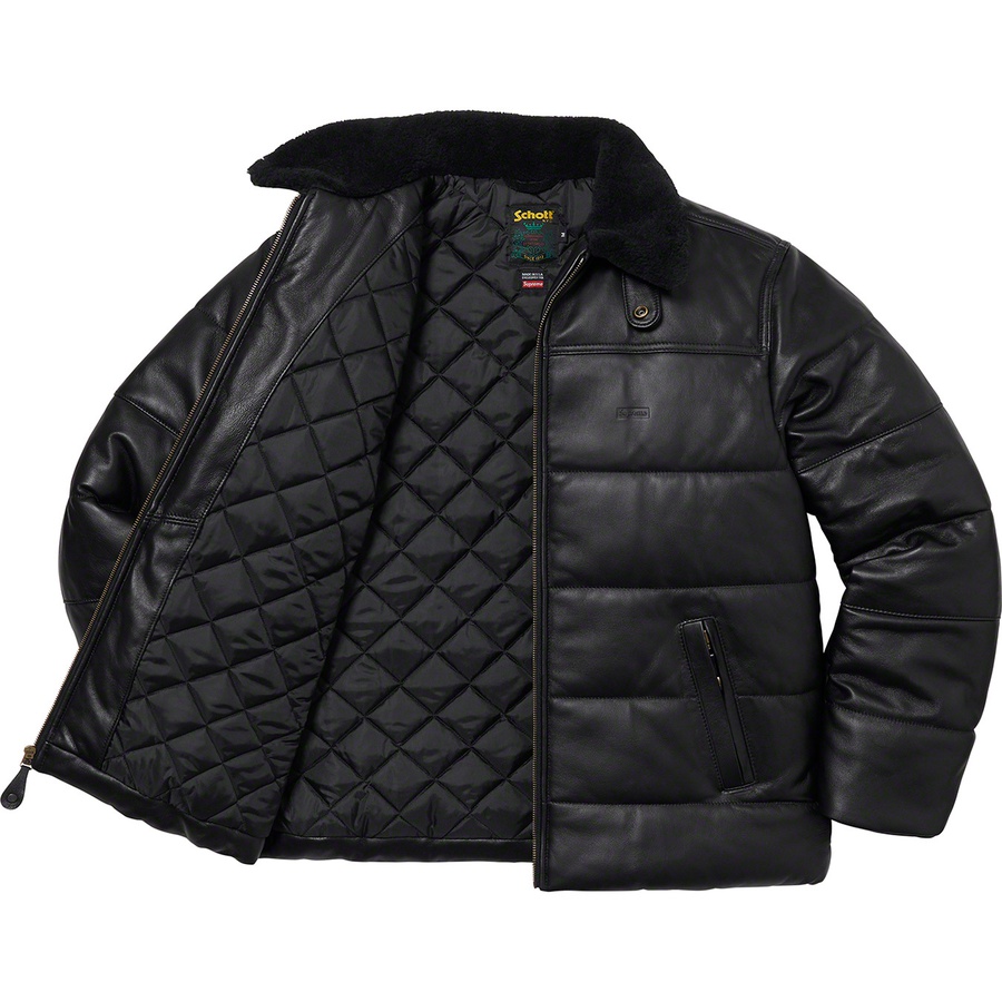 Details on Supreme Schott Shearling Collar Leather Puffy Jacket Black from fall winter 2021 (Price is $948)