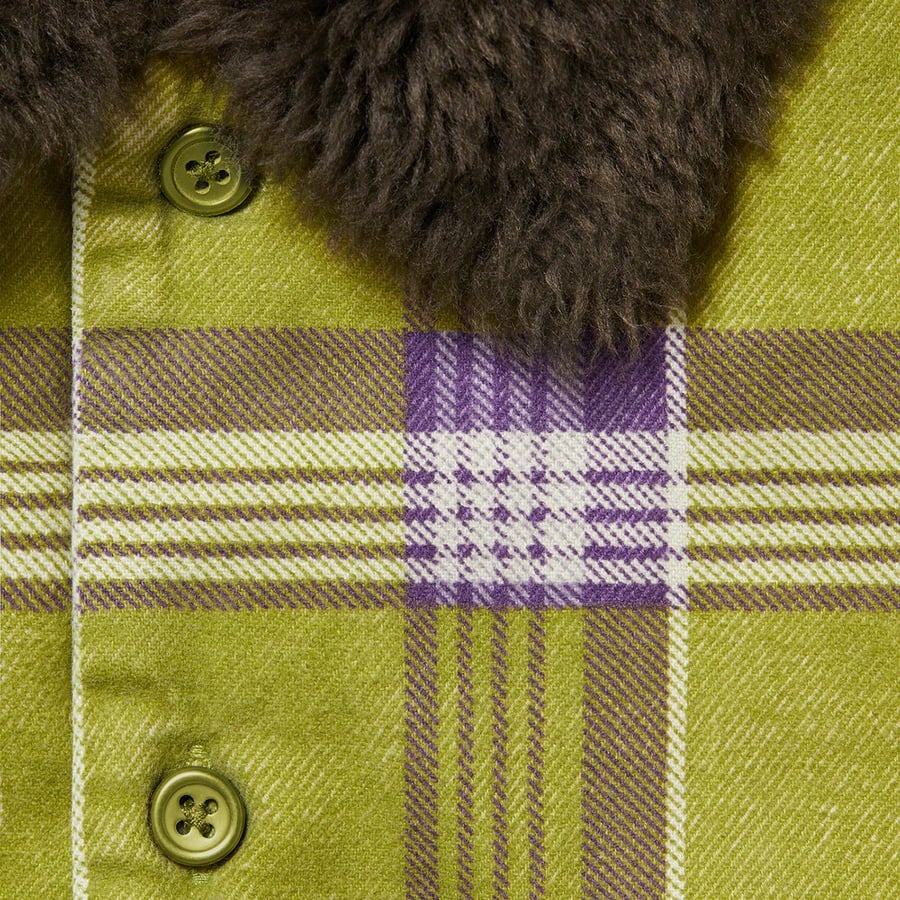 Details on Faux Fur Collar Flannel Shirt Bright Olive from fall winter
                                                    2021 (Price is $148)