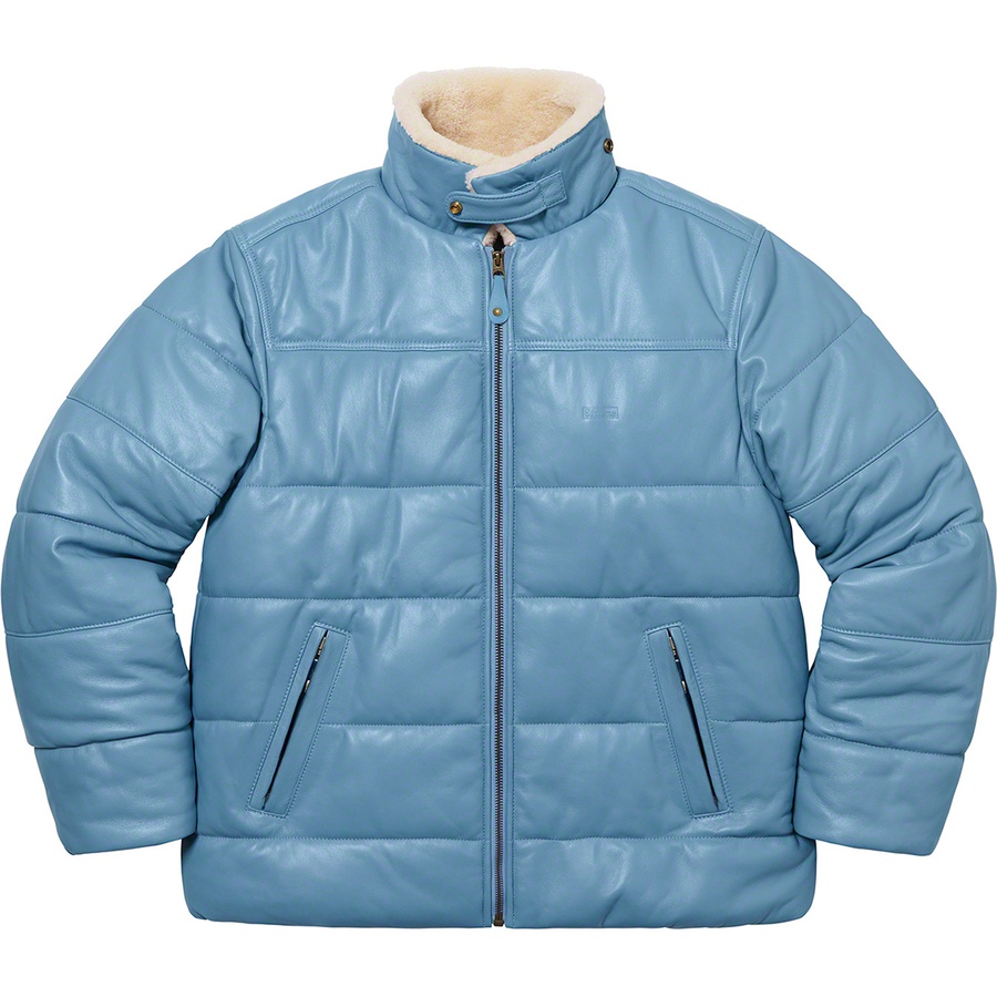 Details on Supreme Schott Shearling Collar Leather Puffy Jacket Light Blue from fall winter
                                                    2021 (Price is $948)