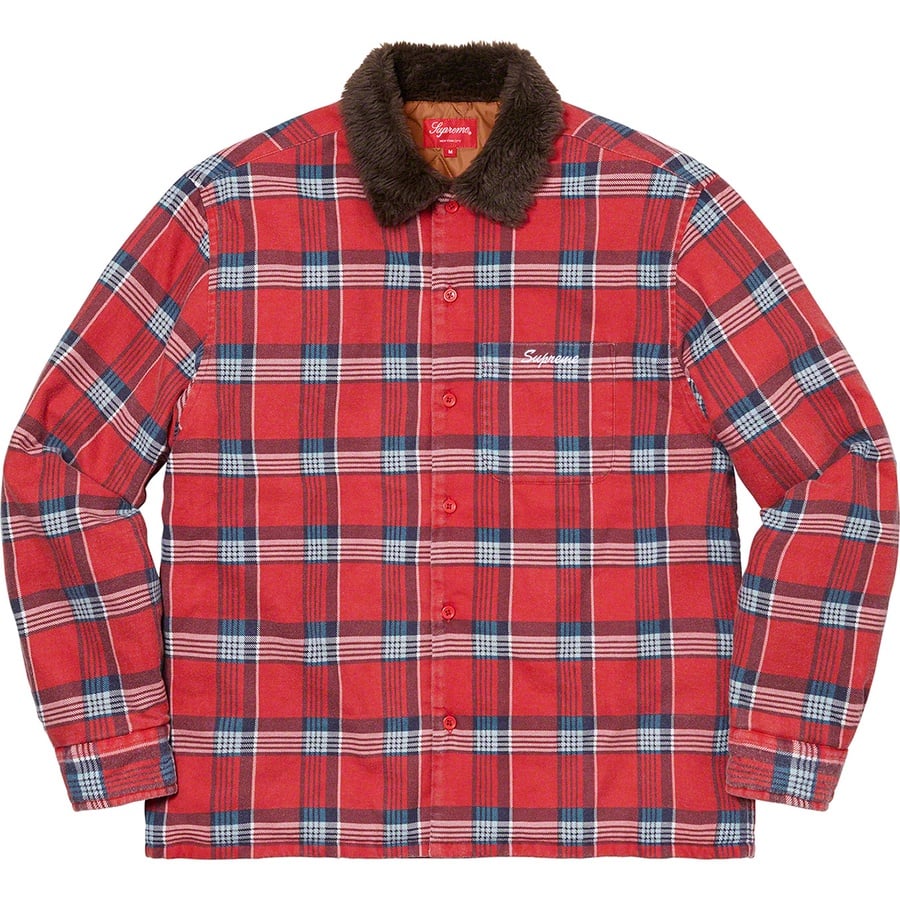 Details on Faux Fur Collar Flannel Shirt Red from fall winter
                                                    2021 (Price is $148)
