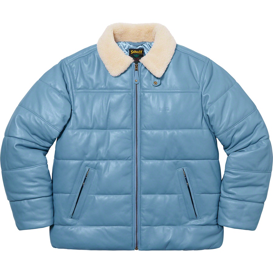 Details on Supreme Schott Shearling Collar Leather Puffy Jacket Light Blue from fall winter
                                                    2021 (Price is $948)