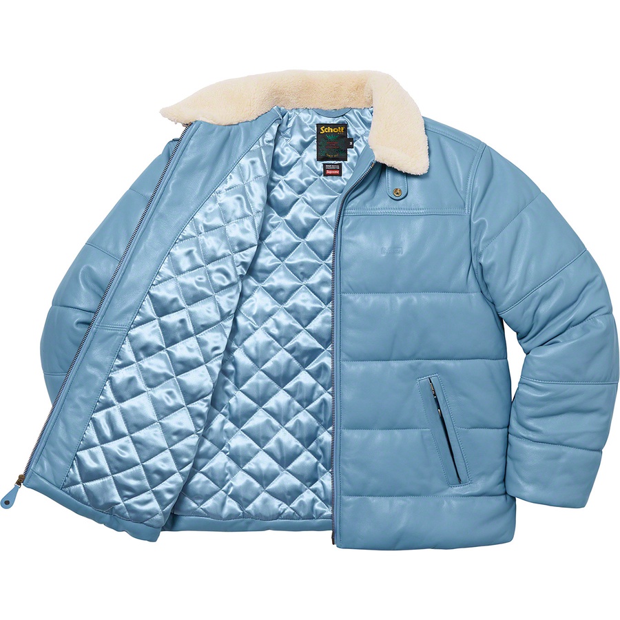 Details on Supreme Schott Shearling Collar Leather Puffy Jacket Light Blue from fall winter 2021 (Price is $948)