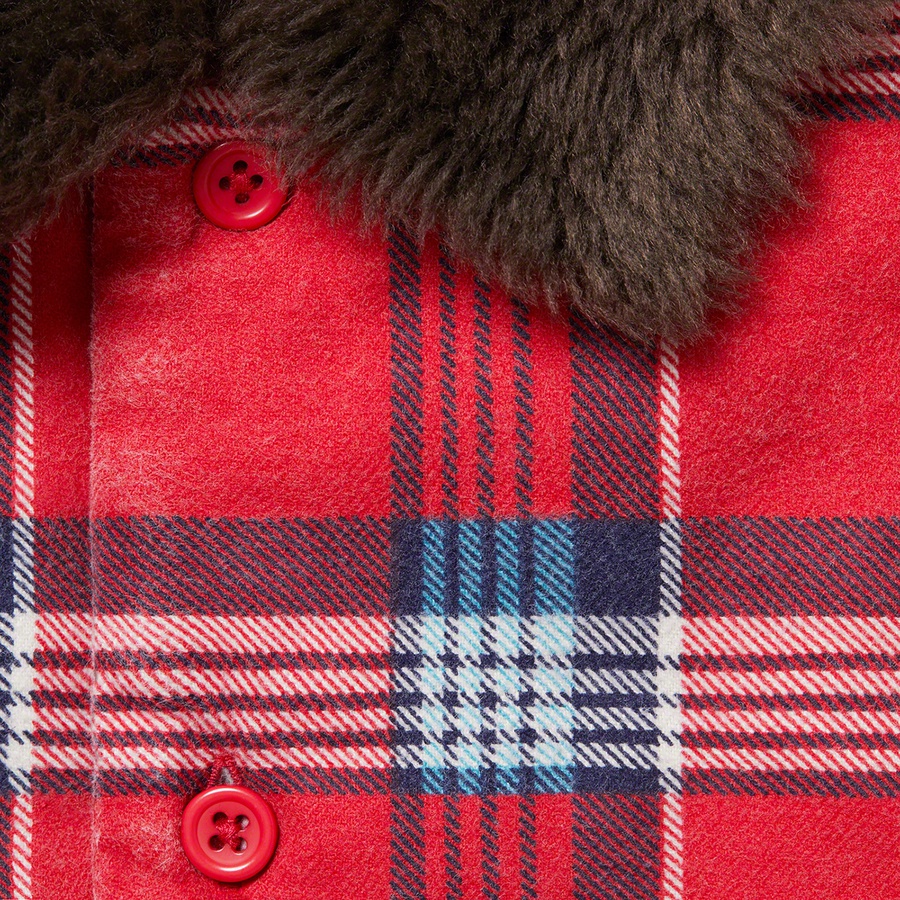 Details on Faux Fur Collar Flannel Shirt Red from fall winter
                                                    2021 (Price is $148)