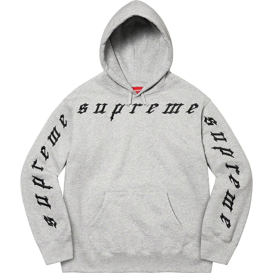 Details on Raised Embroidery Hooded Sweatshirt Heather Grey from fall winter
                                                    2021 (Price is $158)