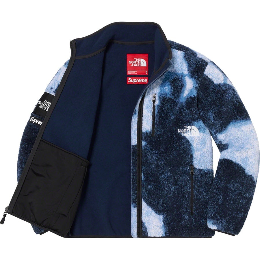 Details on Supreme The North Face Bleached Denim Print Fleece Jacket Indigo from fall winter
                                                    2021 (Price is $298)