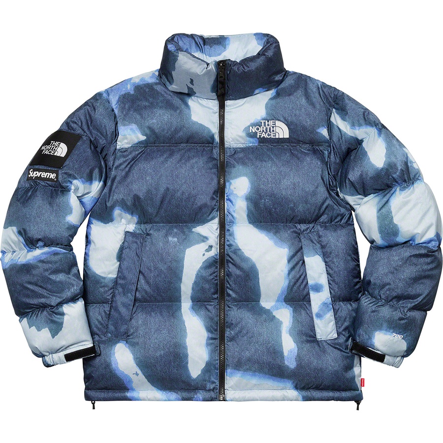 Details on Supreme The North Face Bleached Denim Print Nuptse Jacket Indigo from fall winter
                                                    2021 (Price is $398)