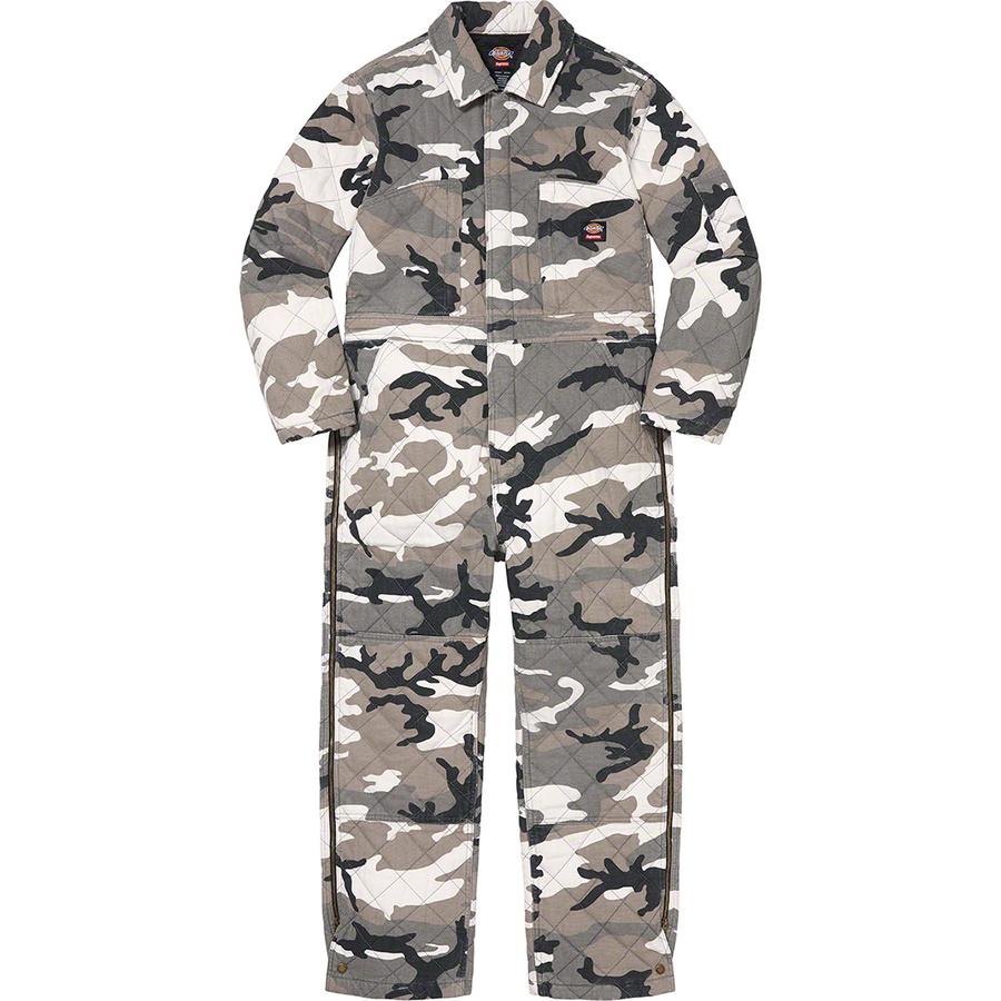 Details on Supreme Dickies Quilted Coverall Grey Camo from fall winter 2021 (Price is $228)