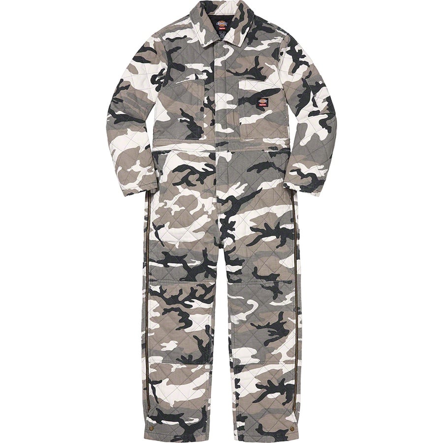 Details on Supreme Dickies Quilted Coverall Grey Camo from fall winter
                                                    2021 (Price is $228)