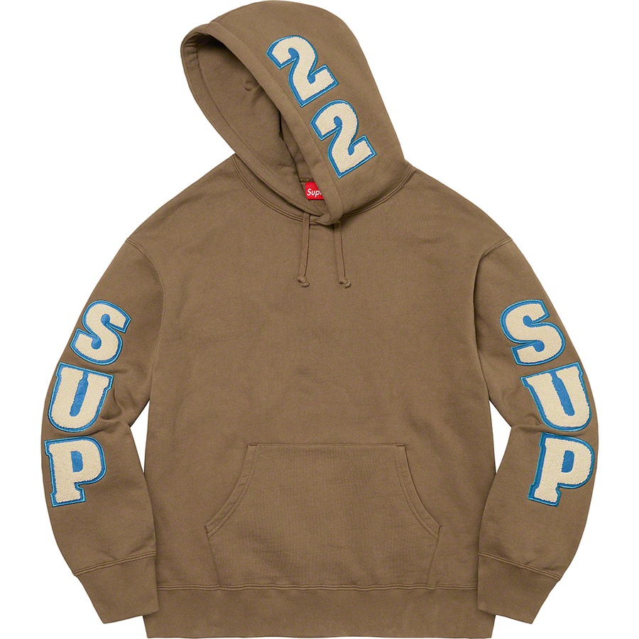 Details on Supreme Team Chenille Hooded Sweatshirt Olive Brown from spring summer 2022 (Price is $178)