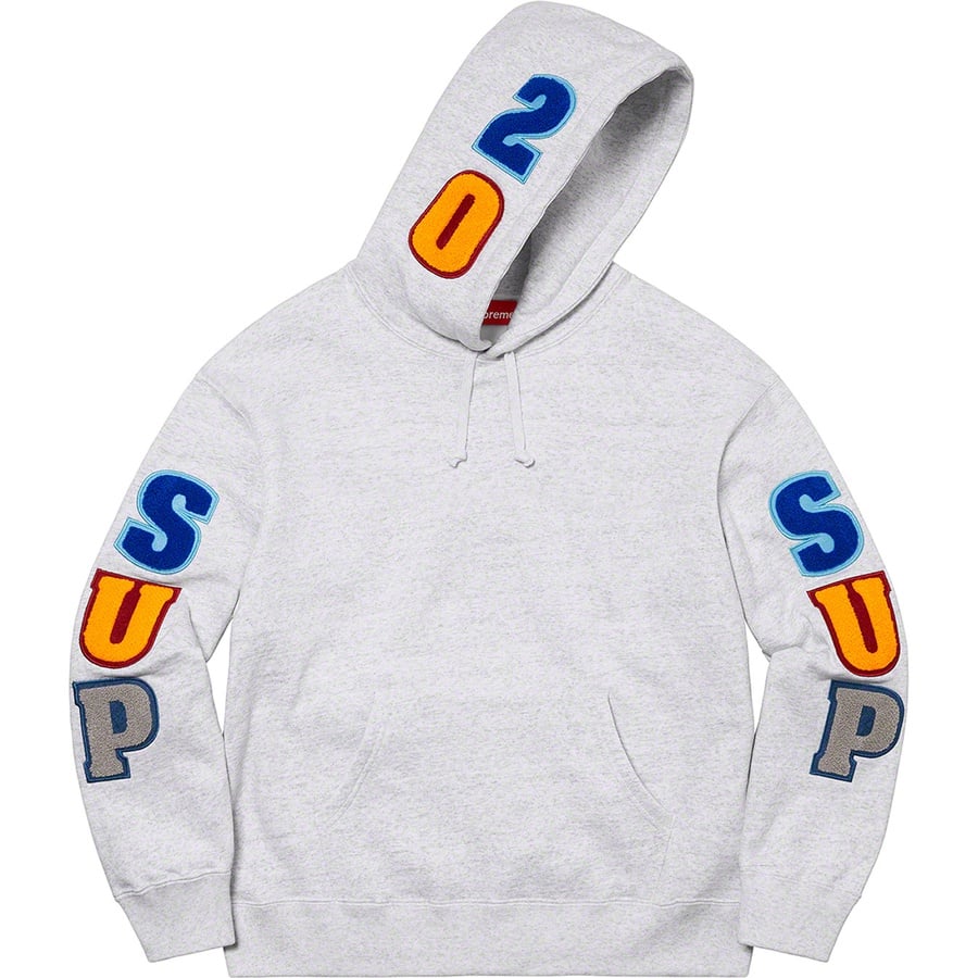 Details on Supreme Team Chenille Hooded Sweatshirt Ash Grey from spring summer 2022 (Price is $178)