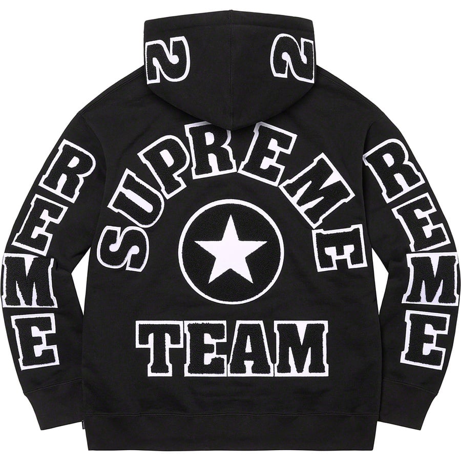 Details on Supreme Team Chenille Hooded Sweatshirt Black from spring summer 2022 (Price is $178)