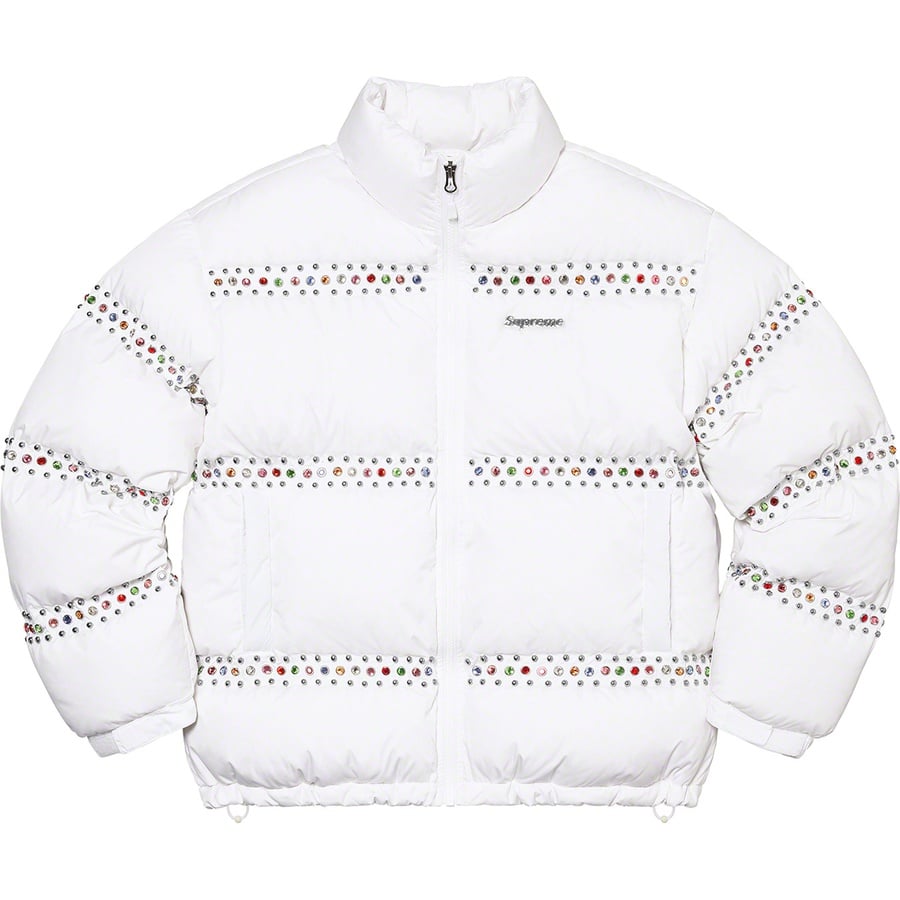 Details on Supreme B.B. Simon Studded Puffer Jacket White from spring summer
                                                    2022 (Price is $698)