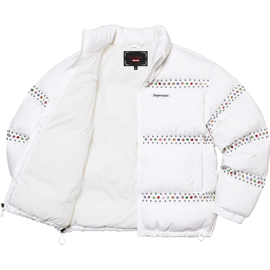 Details on Supreme B.B. Simon Studded Puffer Jacket White from spring summer 2022 (Price is $698)
