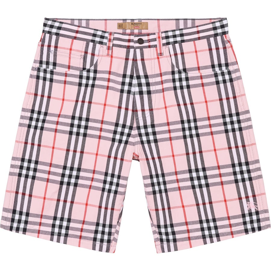 Details on Supreme Burberry Denim Short Pink from spring summer
                                                    2022 (Price is $168)