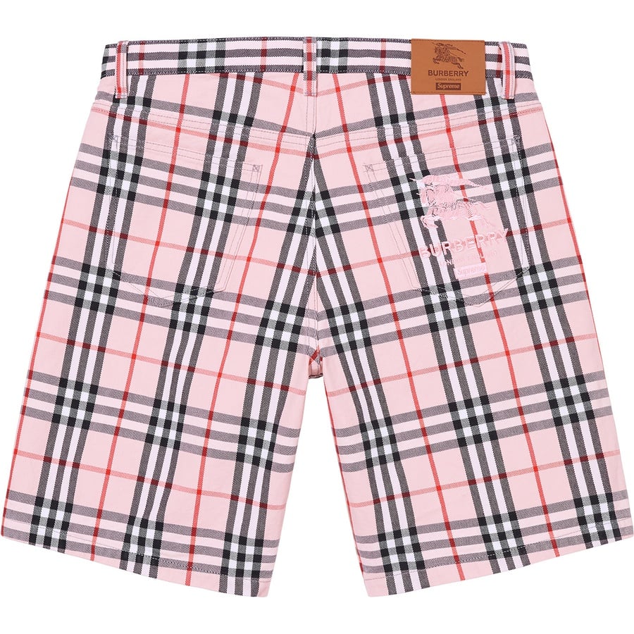 Details on Supreme Burberry Denim Short Pink from spring summer
                                                    2022 (Price is $168)