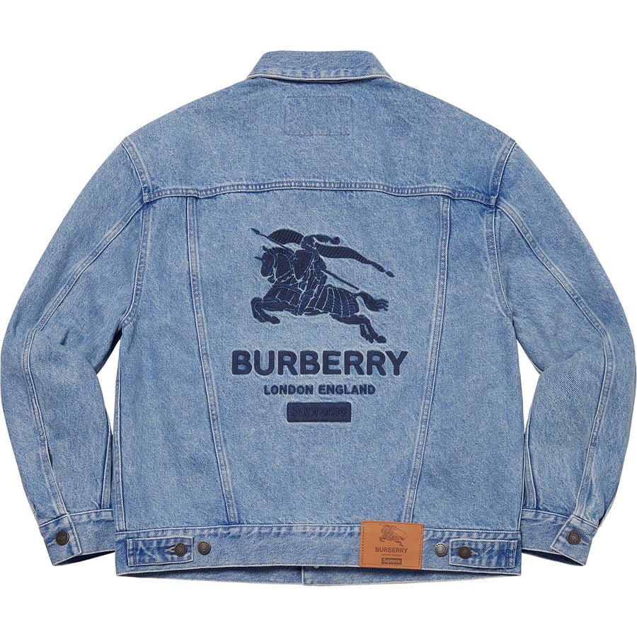 Details on Supreme Burberry Denim Trucker Jacket Washed Blue from spring summer
                                                    2022 (Price is $298)