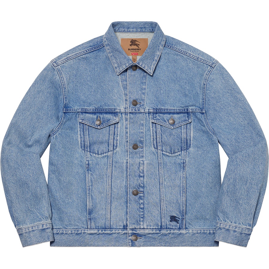 Details on Supreme Burberry Denim Trucker Jacket Washed Blue from spring summer
                                                    2022 (Price is $298)