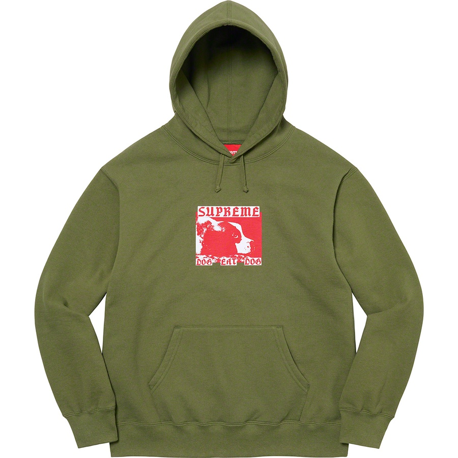Details on Dog Eat Dog Hooded Sweatshirt Olive from spring summer 2022 (Price is $158)