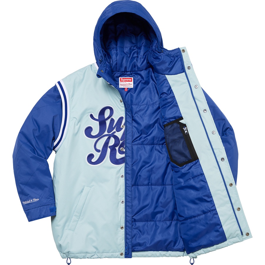 Details on Supreme Mitchell & Ness Quilted Sports Jacket Light Blue from spring summer
                                                    2022 (Price is $298)