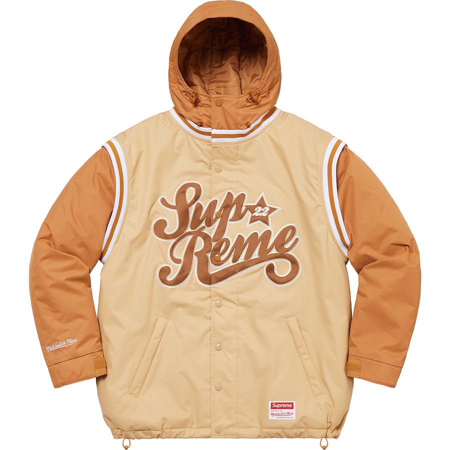 Details on Supreme Mitchell & Ness Quilted Sports Jacket Tan from spring summer
                                                    2022 (Price is $298)