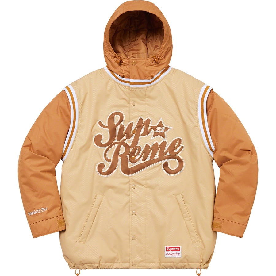 Details on Supreme Mitchell & Ness Quilted Sports Jacket Tan from spring summer
                                                    2022 (Price is $298)