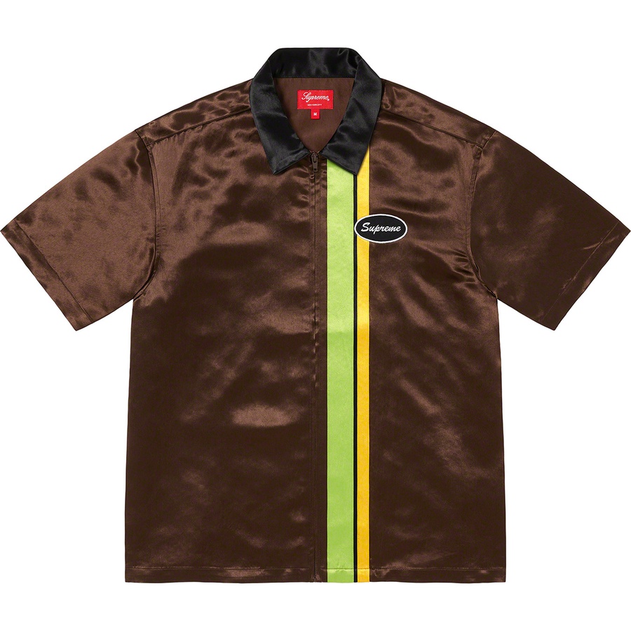 Details on Satin Zip Up S S Work Shirt Brown from spring summer 2022 (Price is $148)