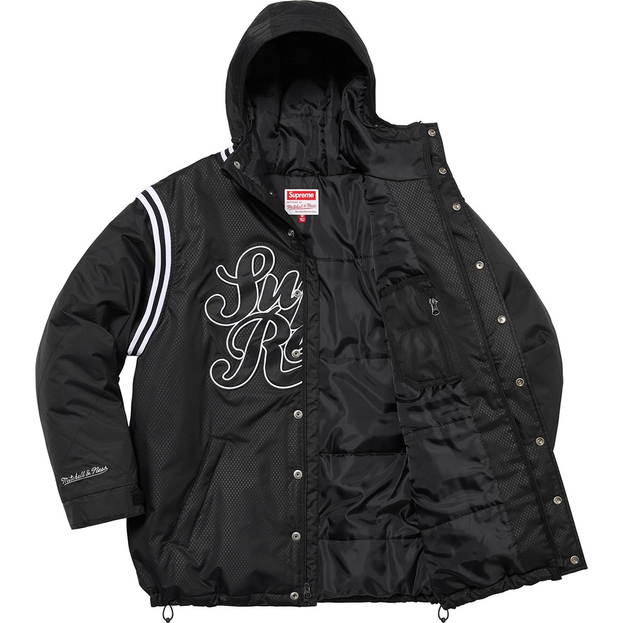Details on Supreme Mitchell & Ness Quilted Sports Jacket Black from spring summer 2022 (Price is $298)