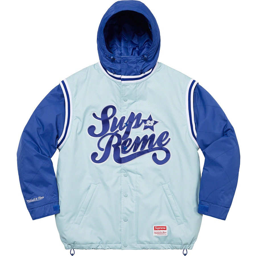 Details on Supreme Mitchell & Ness Quilted Sports Jacket Light Blue from spring summer
                                                    2022 (Price is $298)