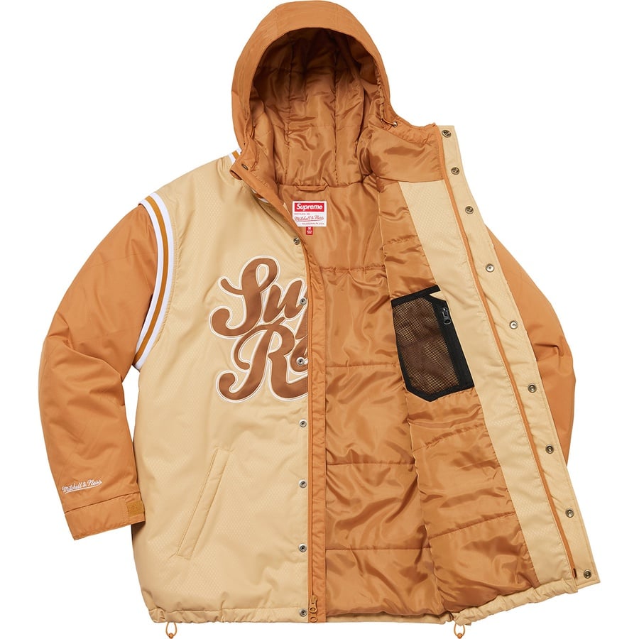 Details on Supreme Mitchell & Ness Quilted Sports Jacket Tan from spring summer
                                                    2022 (Price is $298)