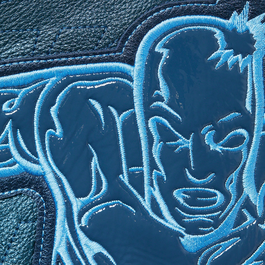 Details on Silver Surfer Leather Varsity Jacket Blue from spring summer 2022 (Price is $798)