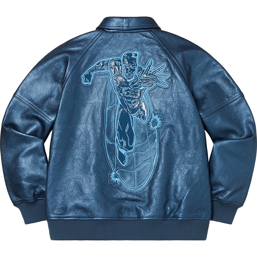 Details on Silver Surfer Leather Varsity Jacket Blue from spring summer
                                                    2022 (Price is $798)