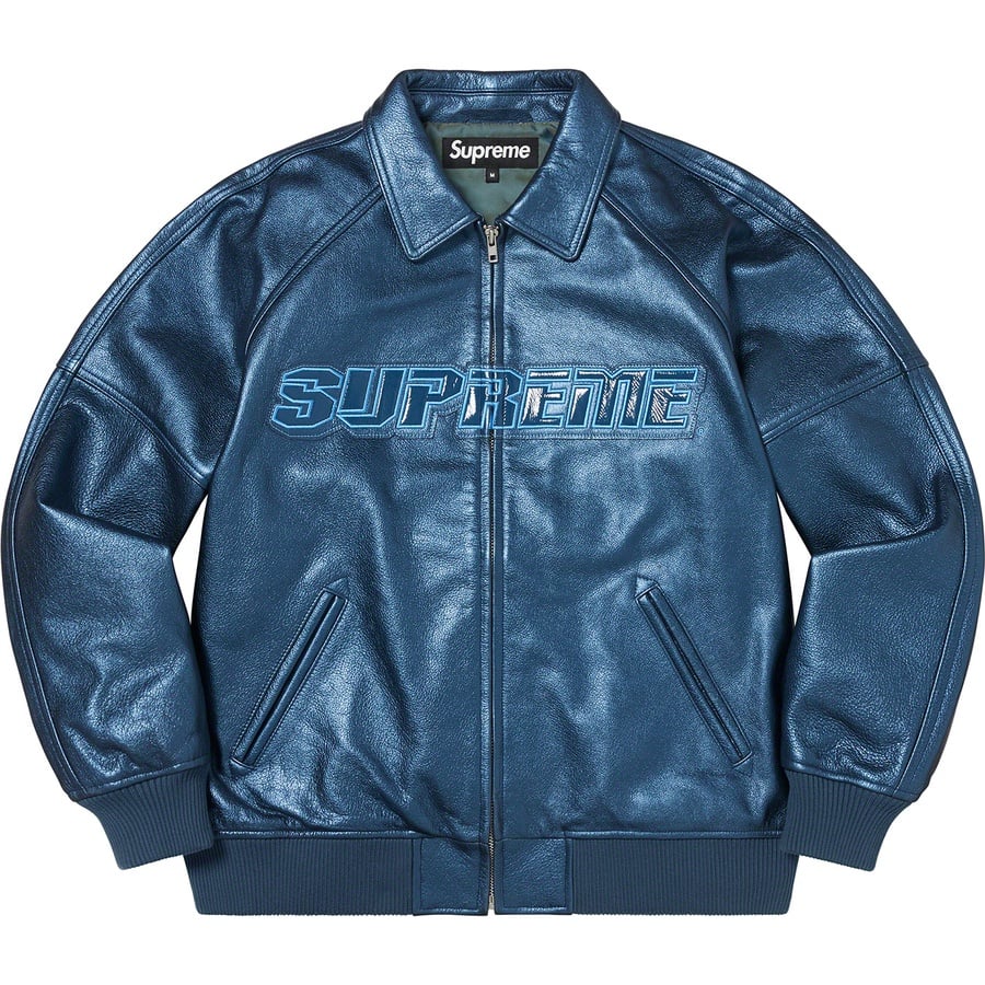 Details on Silver Surfer Leather Varsity Jacket Blue from spring summer 2022 (Price is $798)