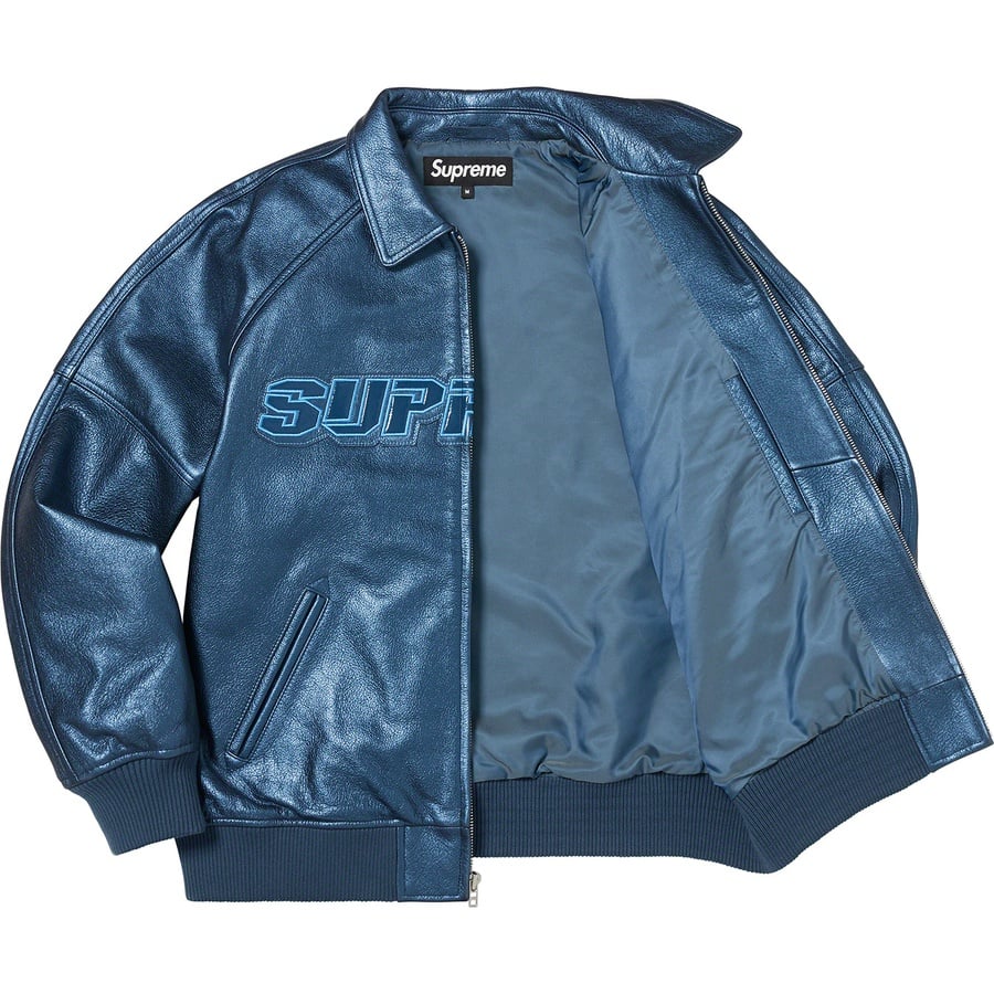 Details on Silver Surfer Leather Varsity Jacket Blue from spring summer
                                                    2022 (Price is $798)