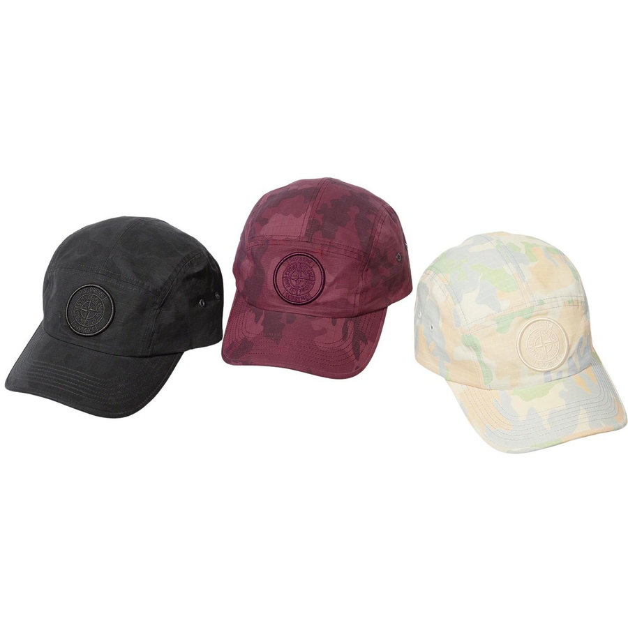 Details on Supreme Stone Island Reactive Ice Camo Ripstop Camp Cap  from spring summer 2022 (Price is $66)