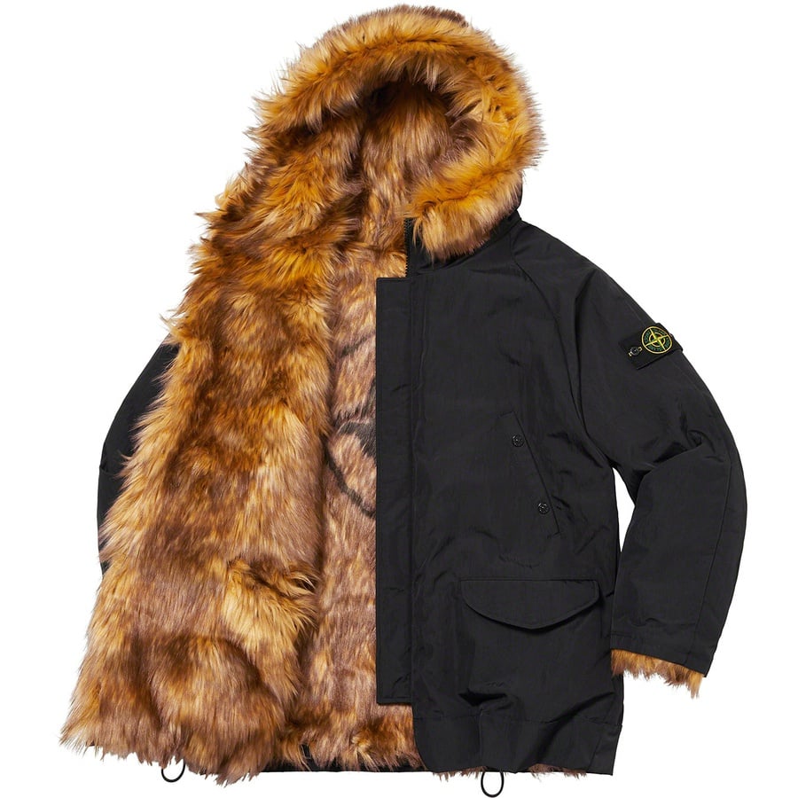 Details on Supreme Stone Island Formula Steel Reversible Faux Fur Parka Black from spring summer 2022 (Price is $1898)
