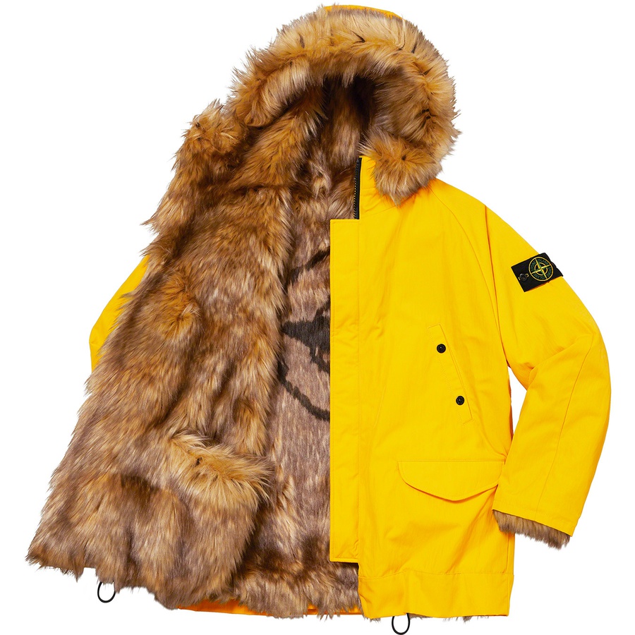 Details on Supreme Stone Island Formula Steel Reversible Faux Fur Parka Yellow from spring summer
                                                    2022 (Price is $1898)
