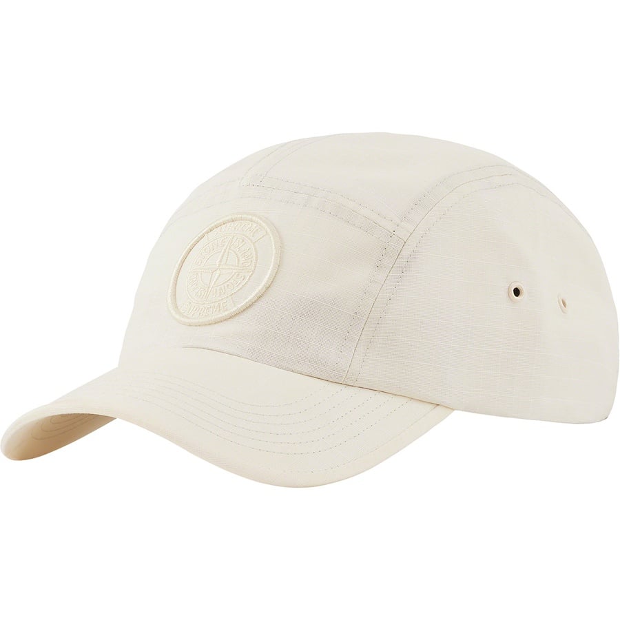 Details on Supreme Stone Island Reactive Ice Camo Ripstop Camp Cap Tan from spring summer 2022 (Price is $66)