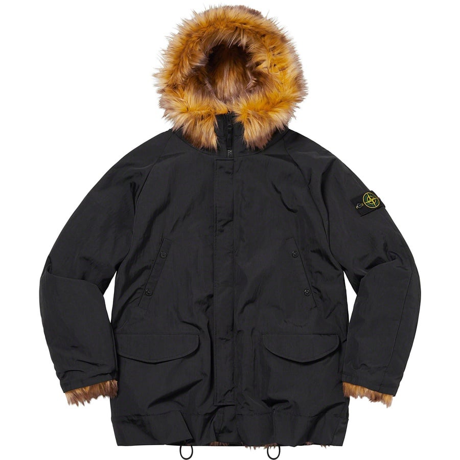 Details on Supreme Stone Island Formula Steel Reversible Faux Fur Parka Black from spring summer
                                                    2022 (Price is $1898)