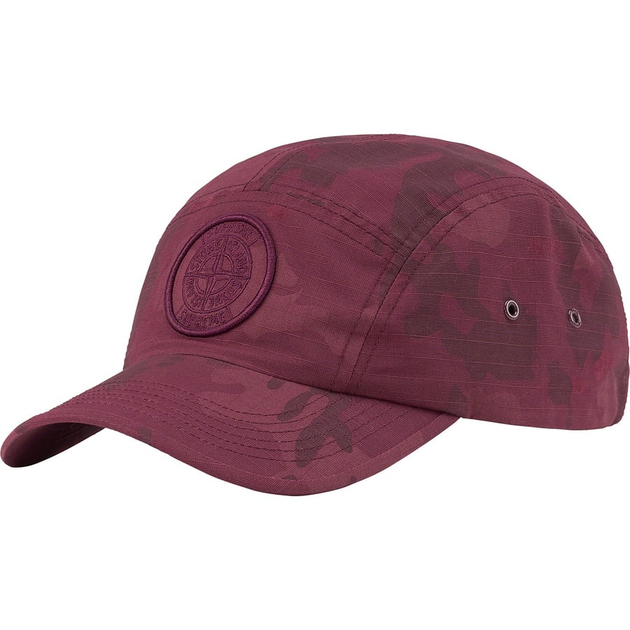 Details on Supreme Stone Island Reactive Ice Camo Ripstop Camp Cap Red from spring summer 2022 (Price is $66)